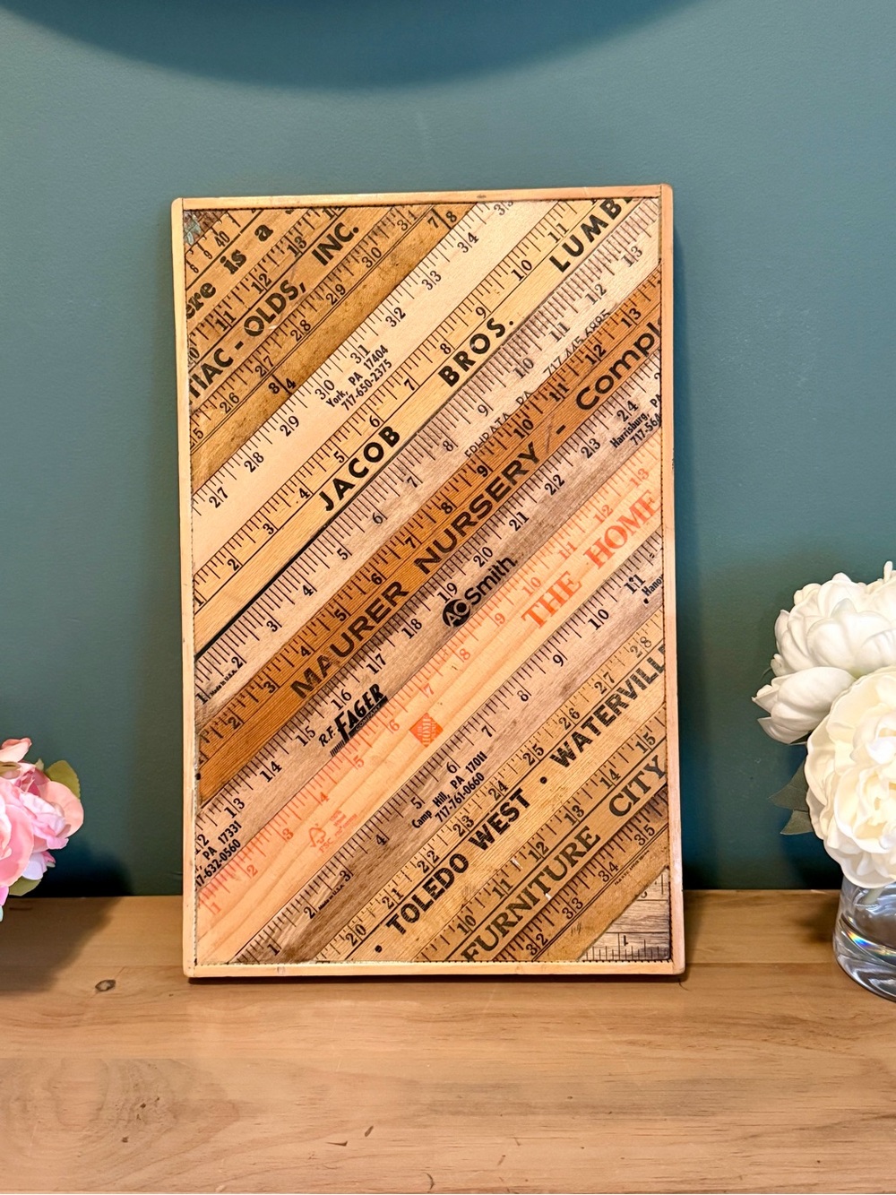 Handmade Vintage Ruler Collage Wall Decor Rustic Workshop Cottage